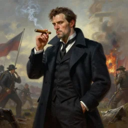 a epic portait of a man wearing a dark formal overcoat and smoking a cigar with a battlefield in the background, portait photo, hyperrealistic, concept art, digital art, high quality, highly detailed, fantasy style, dramatic lighting, 8k hdr, oil painting, epic image, path tracing, badass pose, complementary colors