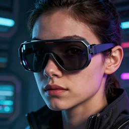 VFX movie of a cyberpunk hacker closeup portrait in high tech compound artstation, goggles, beautiful natural skin neon lighting by Emmanuel Lubezki