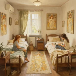 small and cosy student bedroom, path traced, highly detailed, high quality, digital painting, alena aenami, lilia alvarado, shinji aramaki, karol bak, alphonse mucha, tom bagshaw