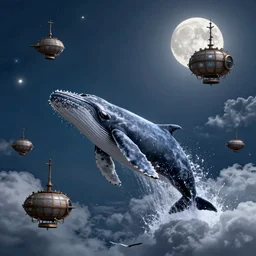 whales jumping over steampunk airships on a cloudy night lit by the full moons in the sky, by Didier Graffet, by Min Guen, by Giovani Magana, vivid colors, smokey cannons, flames, reflective surfaces, foggy, glossy finish