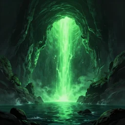 a scary glowing green scifi portal to another world in darwin's arch in the galapagos islands, ocean and rock landscape, science fiction, intricate, elegant, highly detailed, digital painting, artstation, concept art, matte, sharp focus, illustration, in an anime style