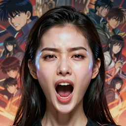 screaming hologram woman with cute - fine - face, pretty face, oil slick hair, realistic shaded perfect face, extremely fine details, by realistic shaded lighting, dynamic background, poster by ilya kuvshinov katsuhiro otomo, magali villeneuve, artgerm, jeremy lipkin and michael garmash and rob rey, pascal blanche, kan liu