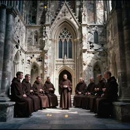 robed benedictine monks sing in a boreal crumbling stone gothic brutalist monastery kodak portra ektachrome, chromatic aberration, film grain, bokeh
