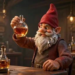 A Gnome brewmaster inspecting the whiskey in his flask by Greg Rutkowski, 4k photorealistic, volumetric lighting, HD, high details, dramatic, trending on artstation