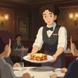 a wholesome animation key shot of a single fashionable waitress delivering a plate of delicious lasagna to the table of businessmen at a high end restaurant, close up shot, studio Ghibli, Pixar and Disney animation, sharp, Rendered in Unreal Engine 5, anime key art by Greg Rutkowski, Bloom, dramatic lighting
