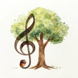 a watercolor painting of an acorn that turns into a tree in the shape of a treble clef with some light and dark effects, playful and carefree
