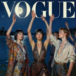 3 d, close - up, night, group of fashion models standing in a night lake with their hands raised to the bright moon, moon ryas, vogue cover style, intricate oil painting, high detail, figurative art, multiple exposure, poster art, 3 d, by stanley kubrick and tooth wu and wlop and beeple