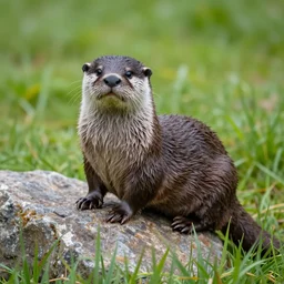 a wet otter sitting on a rock in the grass, a tilt shift photo by brenda chamberlain, featured on flickr, furry art, creative commons attribution, sharp focus, sabattier filter
