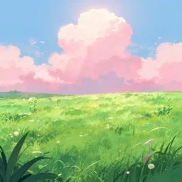 green lush Field, aesthetic, calming, pink clouds in the sky, brightly illuminated by rays of sun, Clouds backlit by the sun artstation, colorful sylvain sarrailh illustration, by peter chan, day of the tentacle style, twisted shapes