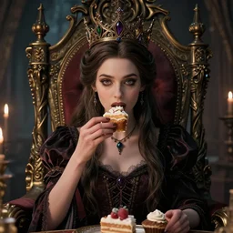 highly detailed closeup, portrait of a gothic fairy princess wearing a crown and sitting on a throne eating cakes, unreal engine, nicoletta ceccoli, mark ryden, earl norem, lostfish, global illumination, detailed and intricate environment