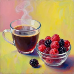 a hyperrealistic oil painting of a translucent glass cup of coffee, next to a bowl filled with raspberries and blackberries, trippy colors