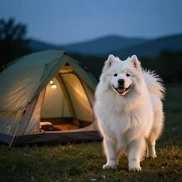 samoyed camping, cinematic lighting,