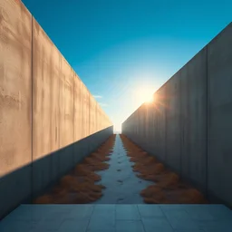 a beautiful digital artwork of a liminal concrete crevice with a pathway in the middle, straight concrete walls, blue sky, perspective, infinity, sunlight, dry, very detailed, realistic