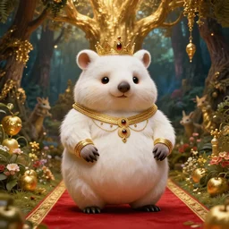 wombat deity, fat figure, cute, elegant, furry, white, gold, warm, wearing a crown, bracelets and necklaces, red carpet, figure, realistic, hair detailing, background is heavenly, wonderland at night, the light in the deep forest full of mythical creatures of the picture, according to european art, golden sacred tree, golden apple, flower garden, hyper realistic render. den