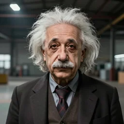 Digital state-sponsored anime art of Albert Einstein by A-1 studios, serious expression, empty warehouse background, highly detailed, spotlight