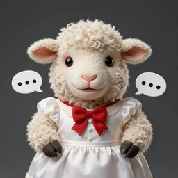 a photorealistc sheep character wearing dress, speaking german greetings