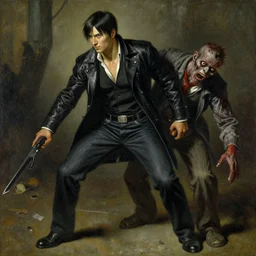 chris redfield and zombie, painting by j. c. leyendecker