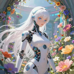 kind cyborg girl with flowers, elegant, scifi, futuristic, utopia, garden, colorful, long white hair, technology, vibrant, dreamy, illustration, atmosphere, top lighting, blue eyes, focused, artstation, highly detailed, art by yuhong ding and chengwei pan and serafleur and ina wong