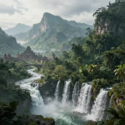 Fantasy world with mountains in the bacground and waterfall with river on the bottom, on the right dense jungle forest, on the left ancient city with many bridges, highly detailed, matte painting, wide lens, overcast sky, ultra realistic, 4k, 8k resolution, trending on artstation, octane render, unreal engine, cinematic