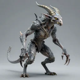 a humanoid fantasy species with leathery gray skin, a wiry build, lanky arms, claws, four-fingered hands, two sleek horns, a long snout, yellow eyes, and fangs