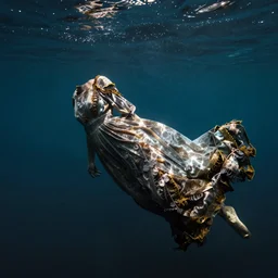 abandoned long dress, floats underwater in the sea