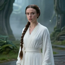 film still of!!!! millie bobby brown!!! as princess leia in star wars movie, long braided hair pulled back, closeup portrait, wearing long white robe, deep focus, exploring interior of a science fiction garden on naboo, glamour pose, dramatic lighting, octane, mist, volumetric lighting, 8 k