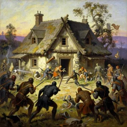 a beautiful painting of a medieval cottage being ransacked by a gang of bandits, trending on artstation. Inspired by the work of Frank Frazetta, Moebius, and comic books.
