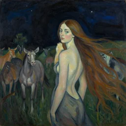 unified by joshua reynolds, by willem de kooning depth of field, flash photography. a beautiful drawing of a woman with long flowing hair, wild animals, & a dark, starry night sky.