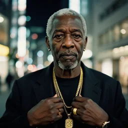 old black man in tokyo at night, wearing gold chain, gold rings, cinestill 8 0 0,