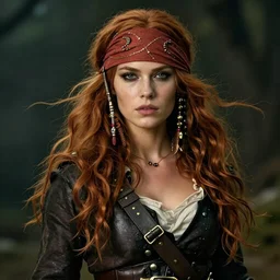 a beautiful woman pirate clothes, 8 k, sensual, hyperrealistic, hyperdetailed, beautiful face, long ginger hair windy, dark fantasy, fantasy portrait by laura sava