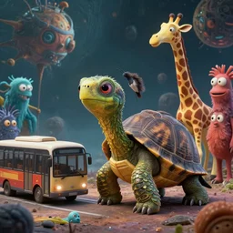 a strange bird turtle giraffe mr bean chimera creature with scales and feathers waiting for the bus with other monsters, on an alien planet, platonic forms, in the style of shaun tan, sam shearon, dr seuss, leng jun, close up, surreal, beautiful, fantastic, wonderful, science fiction, dramatic lighting, fractal background, 3 d sculpture 8 k octane render