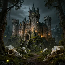 hyperrealistic photograph of the castle of rotbog swamp, fireflies, moss, giant bones, dim volumetric lighting, 8 k, octane beautifully detailed render, extremely hyper detailed, intricate, epic composition, cinematic lighting, masterpiece, trending on artstation, very very detailed, stunning, hdr, smooth, sharp focus, high resolution, award, winning photo, dslr, 5 0 mm