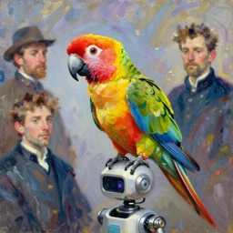parrot parrot robot robot, ilya kuvshinov, john singer sargent, digital art illustration, impressionist oil painting, trending on artstation, intricate