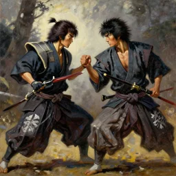 final duel between sasaki kojiro and miyamoto musashi, dramatic, 8k, oil painting