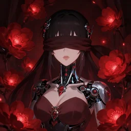 blindfolded dreaming humanoid female cyborg wearing gothic ornament surrounded by glowing red flowers by Anna Dittmann, by hayao miyazaki, digital art. surreal. trending on art station. anime arts. featured on Pixiv, HD, 8K, highly detailed, good lighting. beautiful. epic.