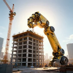 construction site with giant robot hand sticking upholding building, octane, unreal, global illumination, backlight, digital art