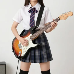 school girl playing electric guitar, school uniform, seifuku, pleated miniskirt, overknee socks, battle angel alita. by rembrandt 1 6 6 7, illustration, by konstantin razumov