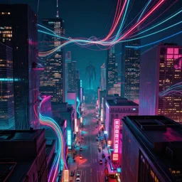 city, neon, RGB, glowing wires everywhere, by Edgar Maxence and Ross Tran, Zdzisław Beksiński, and Michael Whelan, distant, gustav dore, H.R. Giger, 8k, octane render