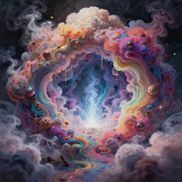 spilled colorful liquid smoke and prismatic clouds opening portal to another dimension, dmt, psilocybin, lsd, detailed, intricate, elegant, highly detailed, digital painting, artstation, concept art, smooth, sharp focus, illustration, art by hana yata, and artem demura and beeple, octane render, unreal engine, 8 k