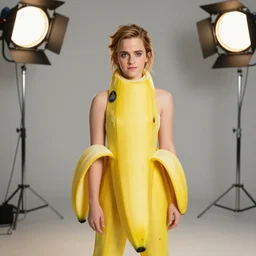 emma watson as!! a banana!! in an upcoming movie directed by chiquita brands international inc., surrealism, banana costume, promo shoot, studio lighting