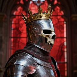 detailed side - view portrait of a knight, kaldor helmet, skull - shaped visor, no mandible, no lower jaw bone, royal crown with big spikes, plate armor, gothic stained glass window, shiny red and dark red background, very masterful, backlit