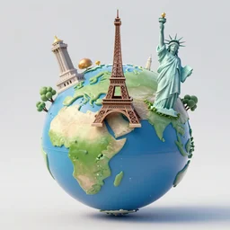 an globe with famous 3 d landmarks on it, eiffel tower, statue of liberty, 3 d render, 3 d model, smooth, ray tracing, illustration