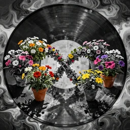 black and white vinyl texture melting with very colorful pots blooming into Fibonacci Infinity