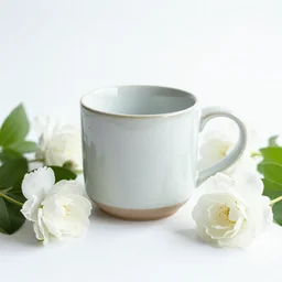 ceramic mug surrounded by white flowers and green leaves, soft clean zen minimalist, white background, brightly lit, cool crisp