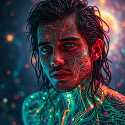 stunning person suffering from jpeg compression, greg rutkowksi, 4 8 0 p, exposed gpu circuitry, psychedelic backdrop, high detail, abstract composition, octane render, ray tracing, trending on artstation,