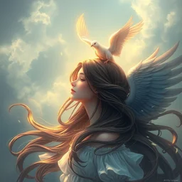 beautiful girl long hair, hair entwined, wings of birds from the head, wallpaper 3 d pixar disney digital cgi rtx hdr painting bioluminance alena aenami artworks in 4 kby jesper ejsing, feng zhu and loish beeple, by thomas kinkade 2 2 2 2