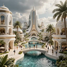 futuristic utopian paradise, canals, bridges, white marble buildings, tropical, palm trees, crowds of people, by leon tukker, zaha hadid, photography, cinematic lighting, detailed sharp focus, raytracing, global illumination, octane render, artstation