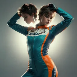 symmetry! dynamic pose, closeup portrait of a cyborg racer girl, skintight leather striped racing jumpsuit, cinematic light, backlight, teal orange, by gerald brom, by mikhail vrubel, by peter elson, muted colors, extreme detail, trending on artstation, 8 k