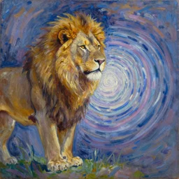 An oil on canvas painting of the Lion portal, energy vortex, by Simon Stålenhag and Claude Monet, 3d, realistic shading, complimentary colors, aesthetically pleasing composition, masterpiece, 4k, 8k, ultra realistic, super realistic