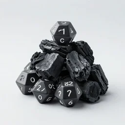 D20 dice made out of charcoal sitting in fire